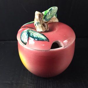 Vintage Apple Jam Bowl with Lid Japan Spoon Hole Ceramic